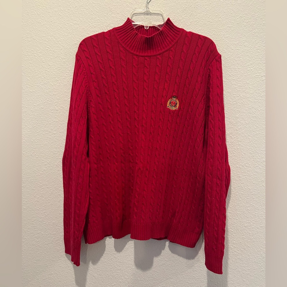 Vintage Y2K Black Label Ralph Lauren Red Cable Knit Sweater Mock Neck Cotton 2X
